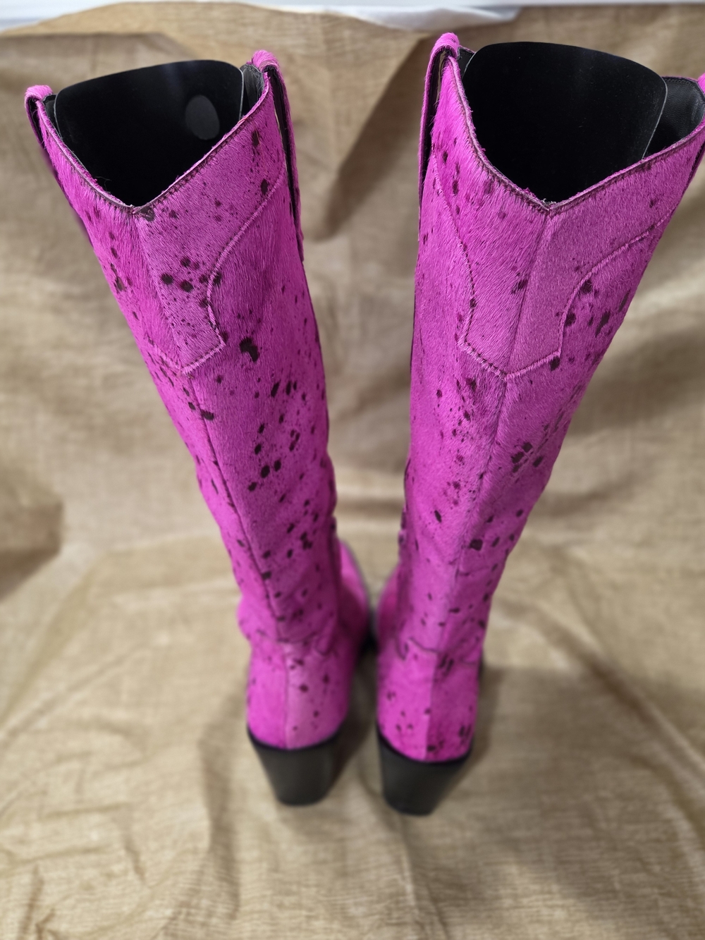 Nasty Gal Short Hair On Knee High Speckled Print Fuschia Cowboy Boots Size 7 - Picture 4 of 14